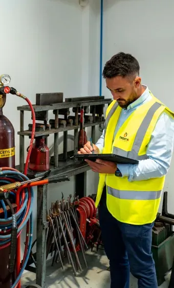Compass technician inspecting fire safety equipment